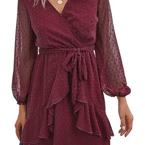 BTFBM Long Sleeve Faux Wrap V-Neck Swiss Dress